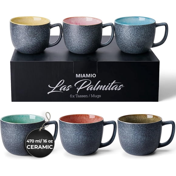 MIAMIO - 6 x 470 ml Coffee Cups/Mug Set/Coffee Cup Large/Modern Stoneware Coffee Mugs - Las Palmitas Collection