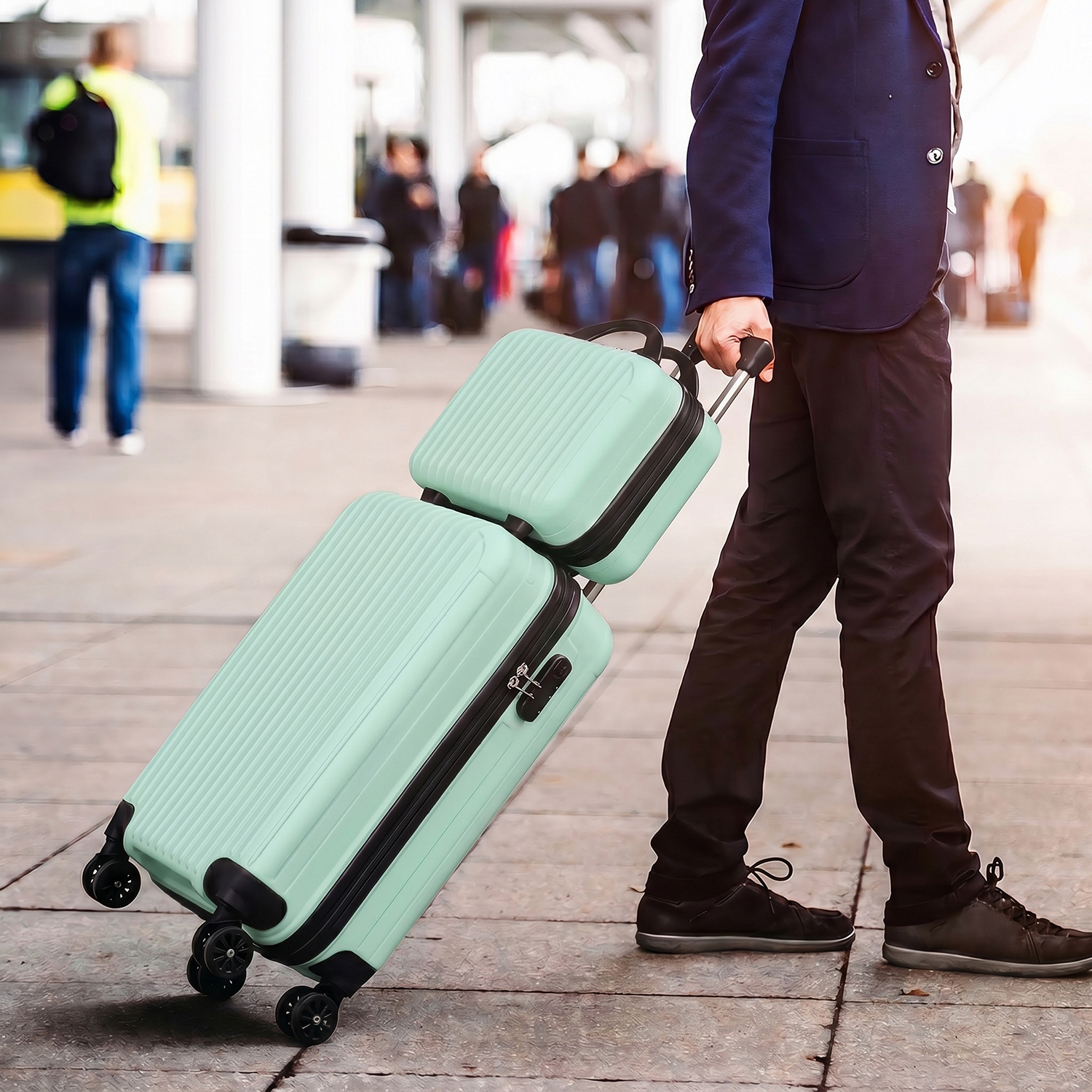 2 Piece Vertical Striped Luggage Set, Carry On Hardside Suitcase with Spinner Wheels & TSA Lock, Lightweight Travel Luggage with Cosmetic Case Green