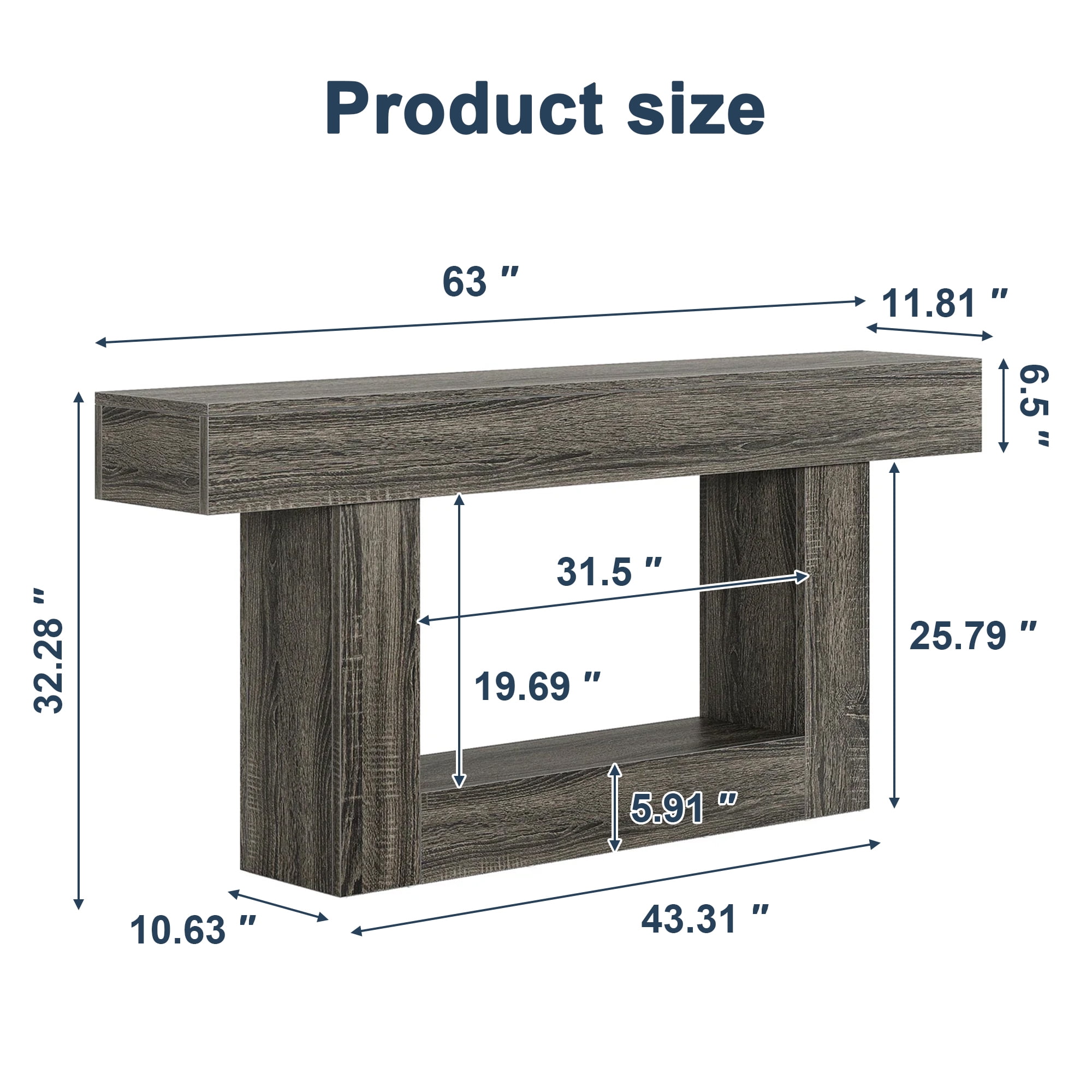 Demi Bonn 63" Wood Console Table, Farmhouse 2-Tier Sofa Table Entryway Table, Foyer Display Table, Dark Gray