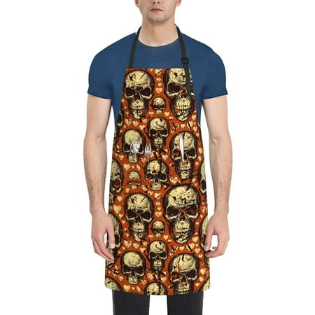 

Xecao Skulls And Hearts Print Kitchen Cooking Aprons Waterproof Adjustable Bib Aprons with 2 Pockets for Women Men Chef