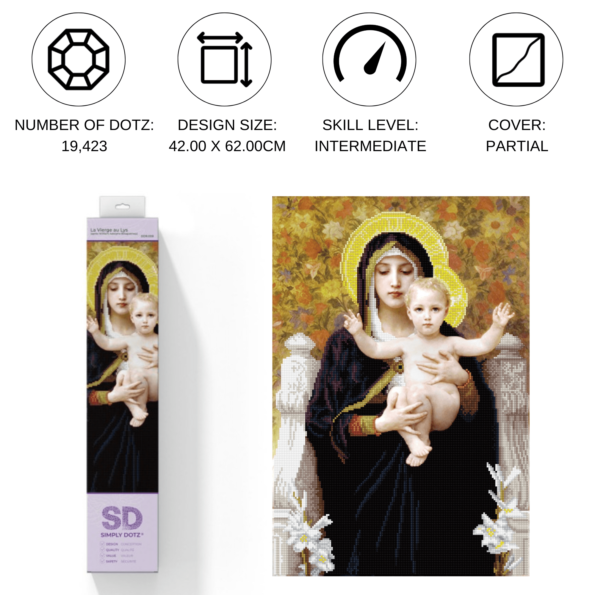Diamond Dotz La Vierge au Lys (après William-Adolphe Bouguereay) Diamond Painting Kits for Adults - Diamond Art Kits a Relaxing Creative Craft Kit with Dotz Gems 24.41x16.54
