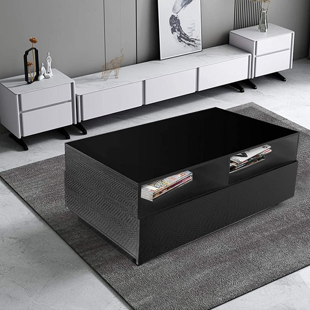 ANQIDI Black Modern LED Coffee Table High Gloss with Remote and 4