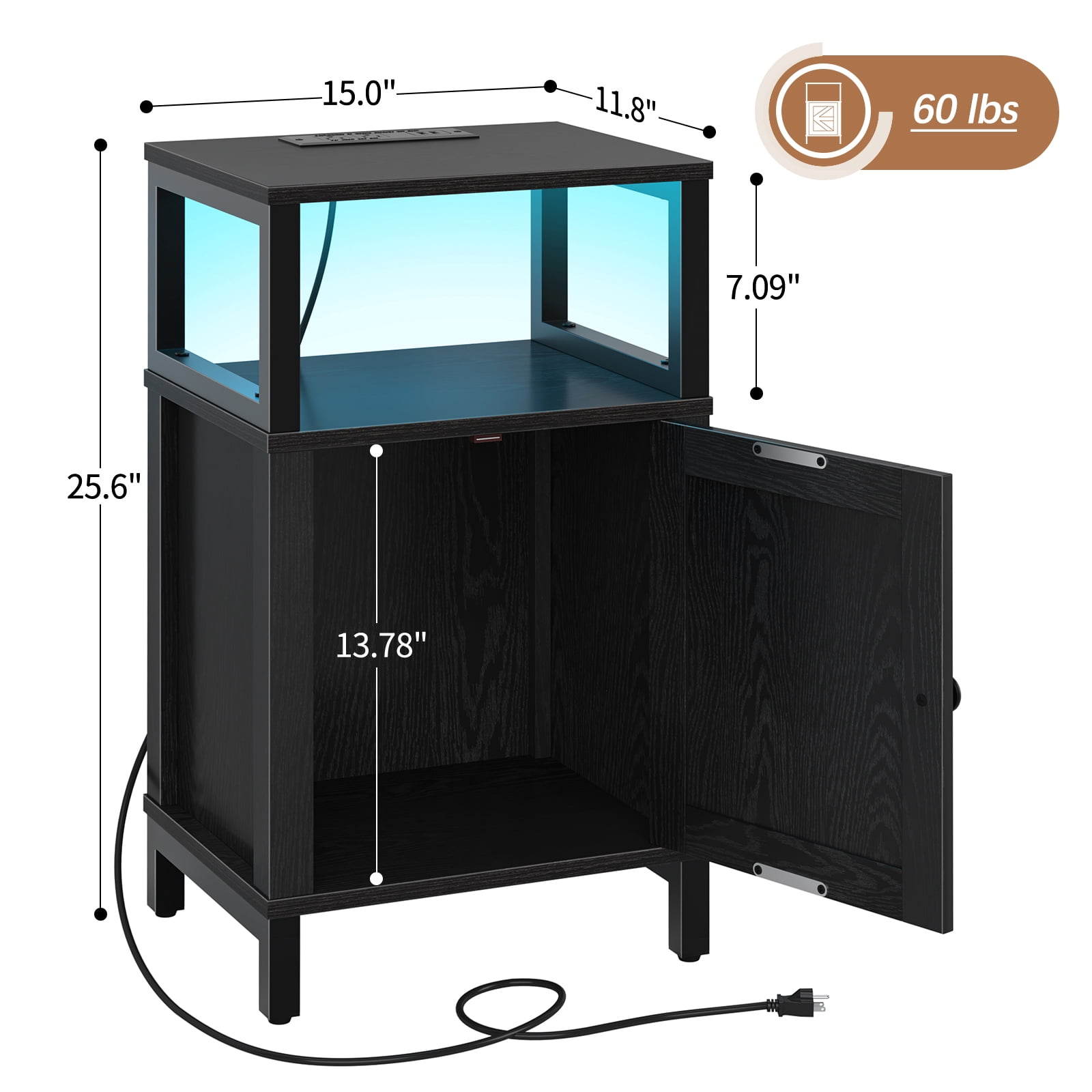 Farmhouse Wood NightStand with Charging Station & Adjustable LED,End Table with Storage Cabinet and Shelf, Bed Side Table with Barn Door for Bedroom Living Room ,Black