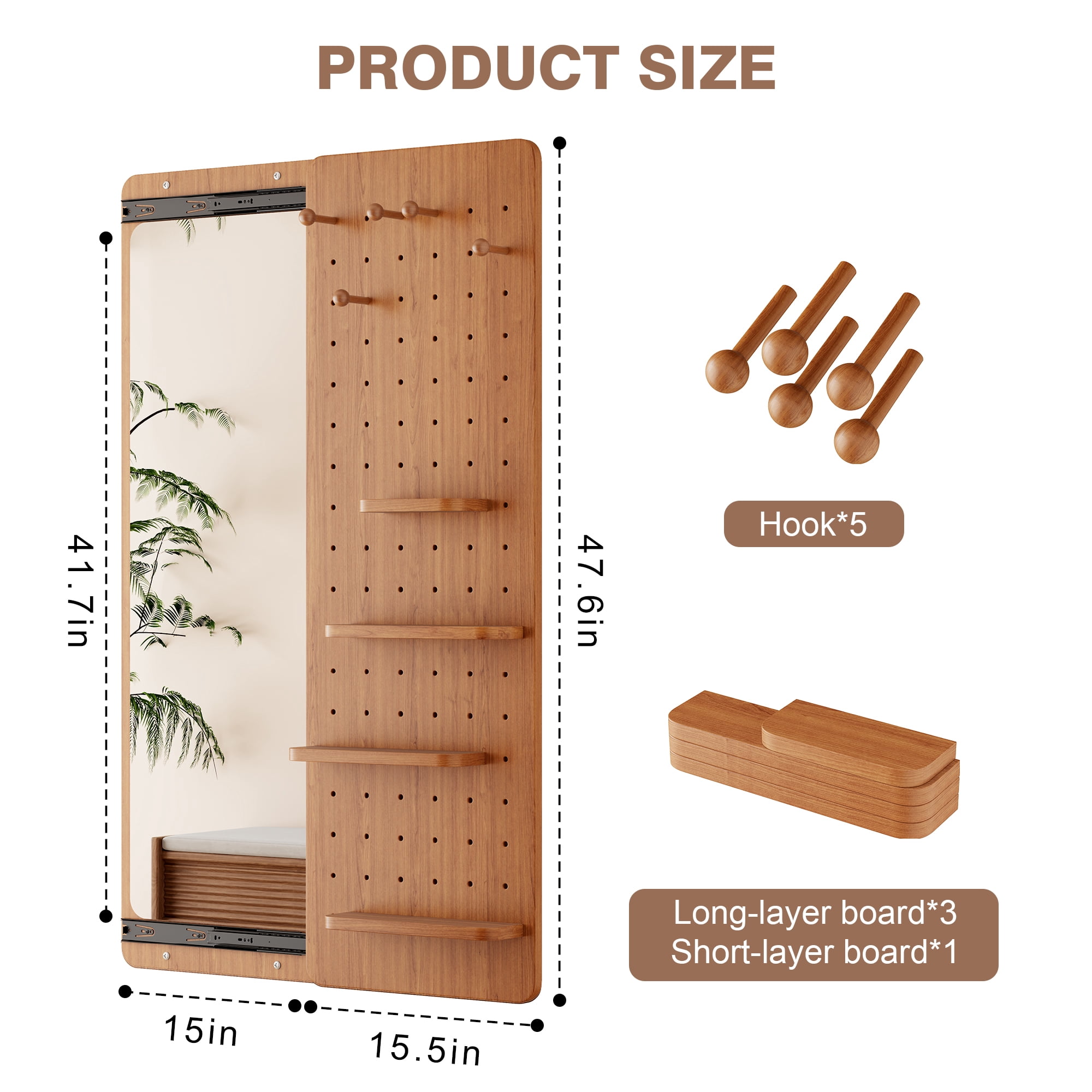 Wall-Mounted Full-Length Mirror with Shelves and Hooks, Push-Pull Panel Design with Dual-Slide Hardware for Bedroom, Cherry