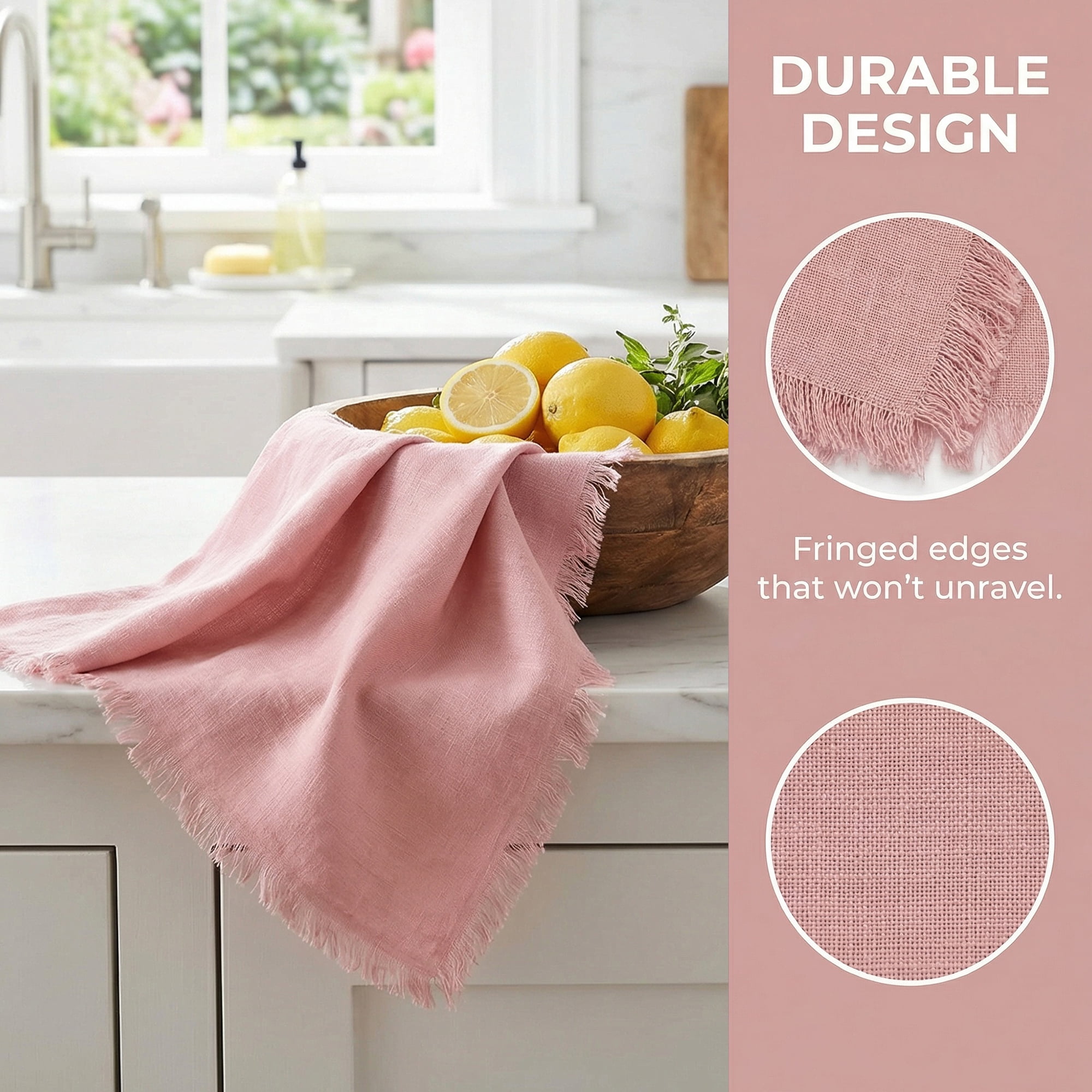 Unique Bargains Soft Absorbent Cotton Linen Kitchen Towels 4 Pack Pink 18" x 18"