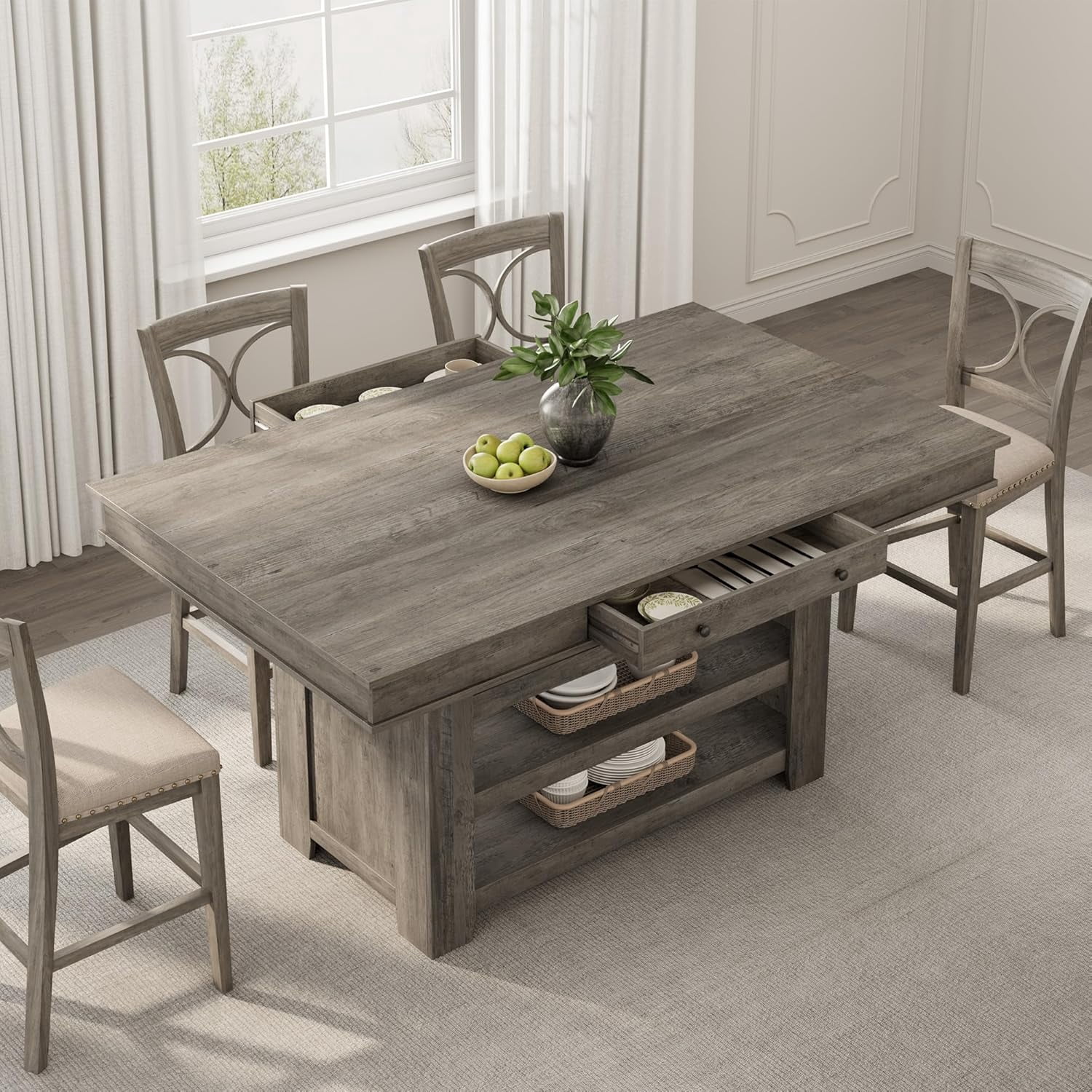Counter Height Dining Table for 4-6, 36" W Wood Bar Height Dining Room Table with 2 Drawer & Shelves, Deepened Wine Rack, Thick & Large Table Top for Kitchen, Bar