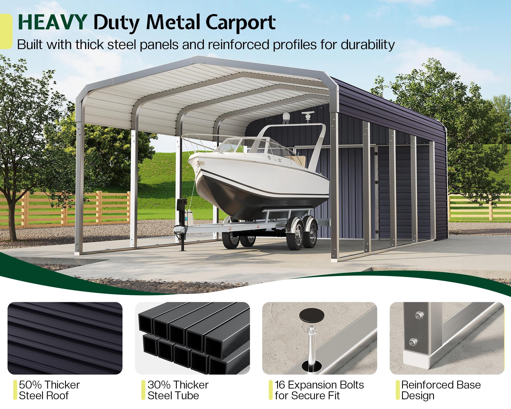Jocisland 12'x24' 2-in-1 Carport & Storage Shed, Heavy Duty Carport with Galvanized Steel Roof, 2 Transparent Panels & Double Doors for Cars, Trucks