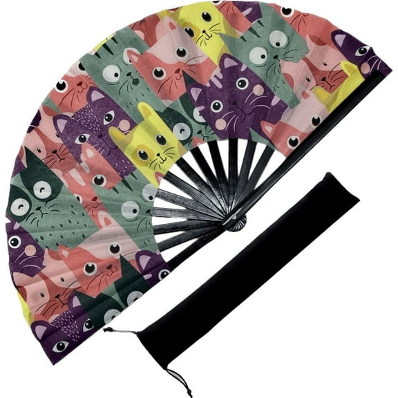 Eastern Wind large bamboo hand folding fan, cats dogs print 13.3in