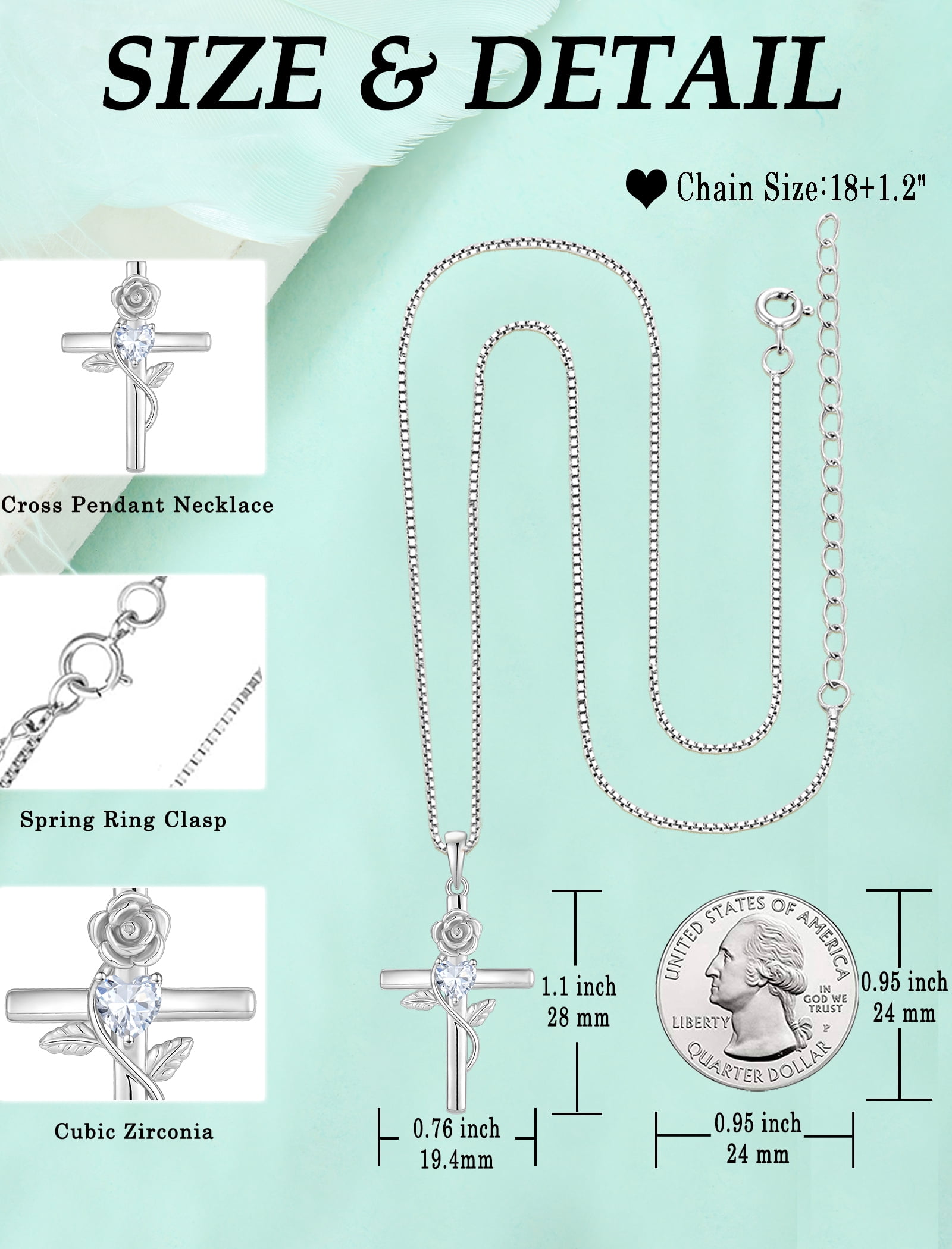 VESITIM Cross Pendant Necklace Sterling Silver Infinite Rose Flower Necklace Women Faith Jewelry Gift with Birthstone April Cubic Zirconia