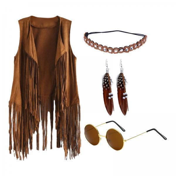 Disfraces hippies,Conjunto de ropa de disfraces hippies para mujeres y niñas,Disfraz de los años 60 y 70 para mujer Trajes de discoteca de los años 70,Conjunto de chaleco hippie con flecos