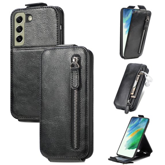 SaniMore for Samsung Galaxy S21 FE Magnetic Closure Top & Bottom Flip Wallet Case, Premium PU Leather Cover with Car Mount Card Slot & Adjustable Kickstand Full Body Protective Shell, Black