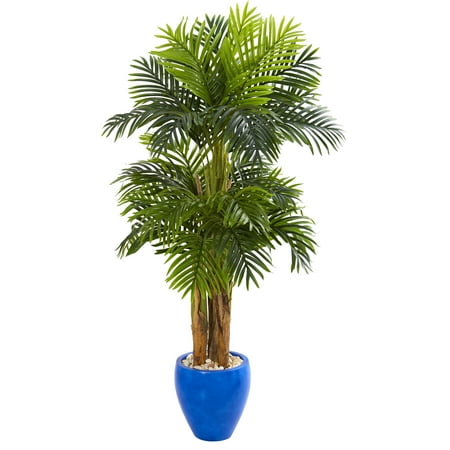 - Nearly Natural 5’ Triple Areca Palm Artificial Tree in Glazed Blue Planter