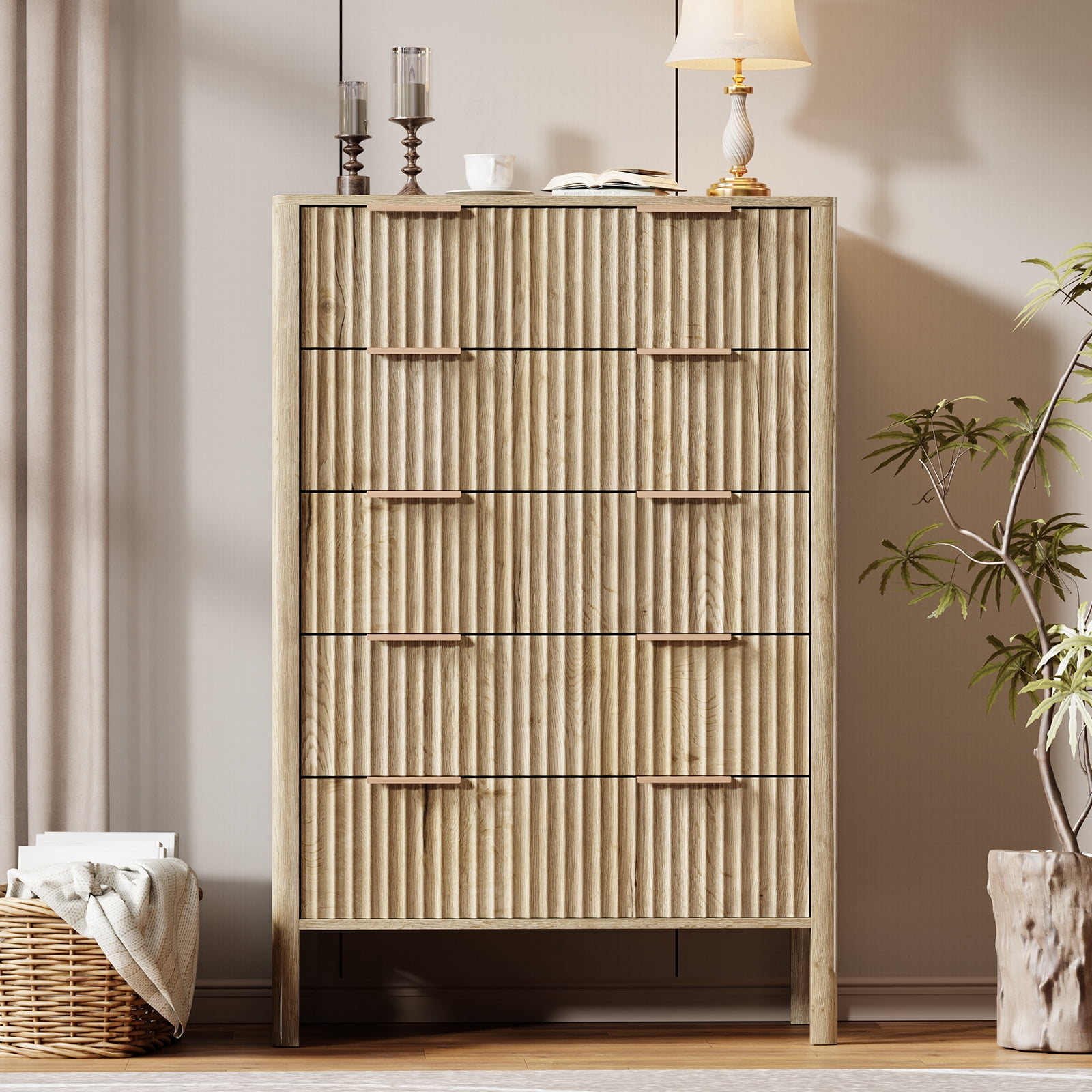 Fluted 5 Drawer Dresser for Bedroom 47" Wide Wooden Dresser TV Stand Modern Storage Organizer for Living Room, Hallway, Natural Oak