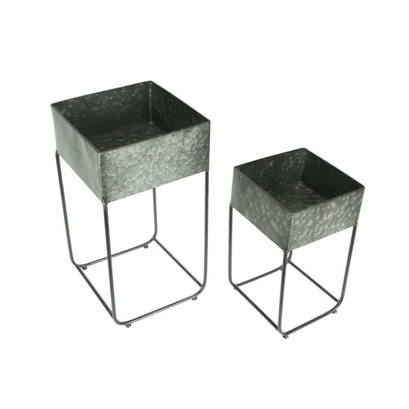 Zeckos Galvanized Zinc Finish Metal Square Planters on Stands Set of 2