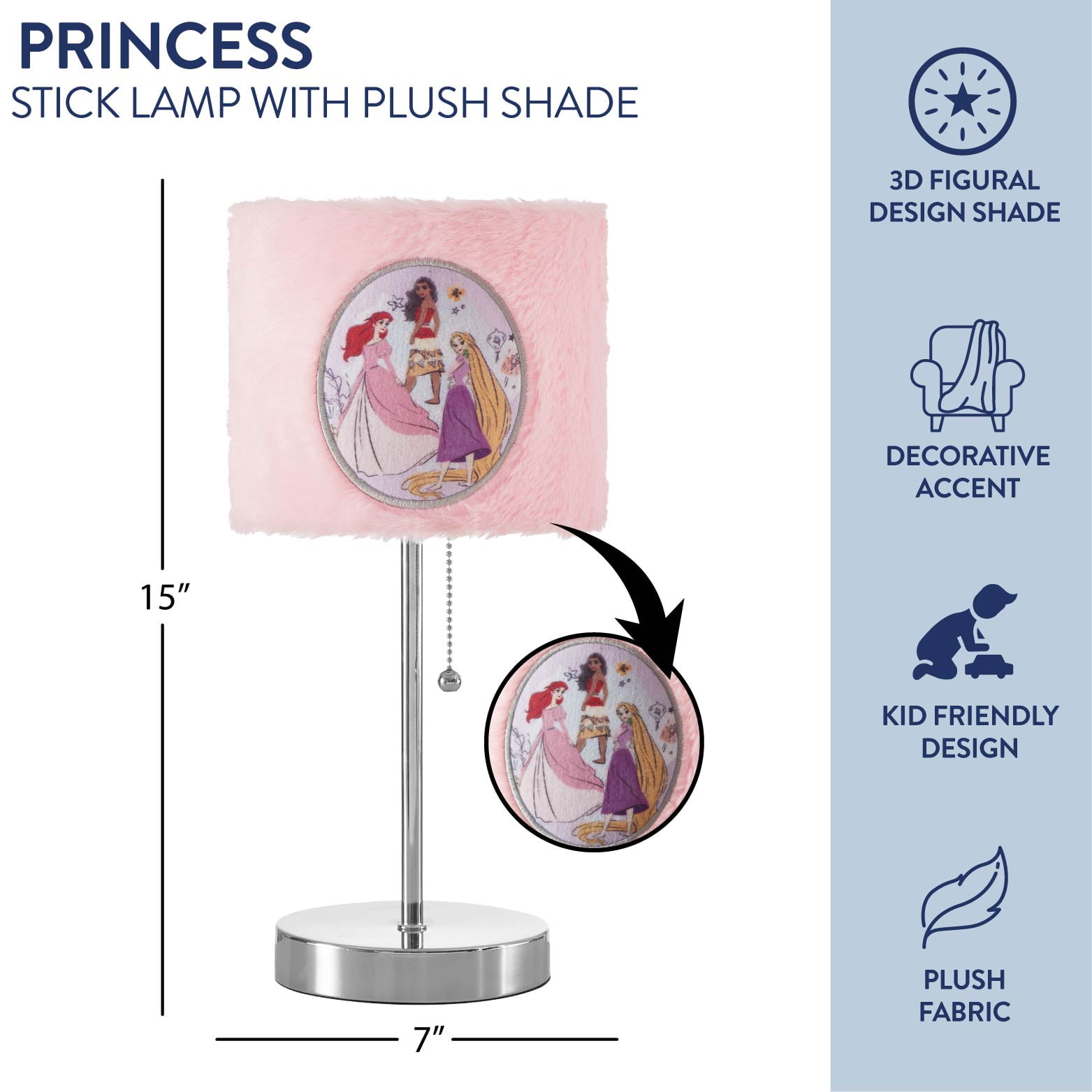 Disney Princess Plush Shade Stick Lamp for Kids, 15" H x 7" W