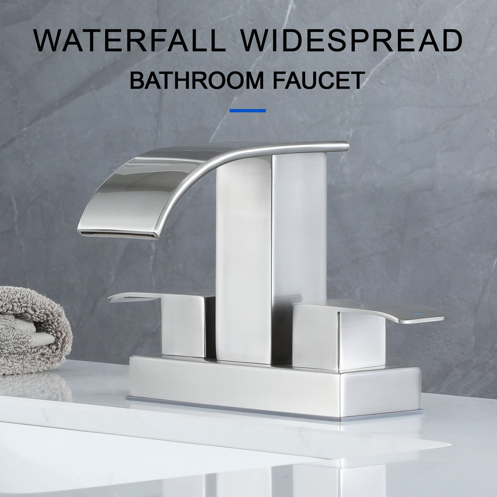 Waterfall Bathroom Faucet - 2 Handle 4 Inch Centerset Faucet for Lavatory Bathroom Sink, with cUPC Faucet Supply Line Hoses for Bathroom Restroom Vanity Lavatory, Brushed Nickel