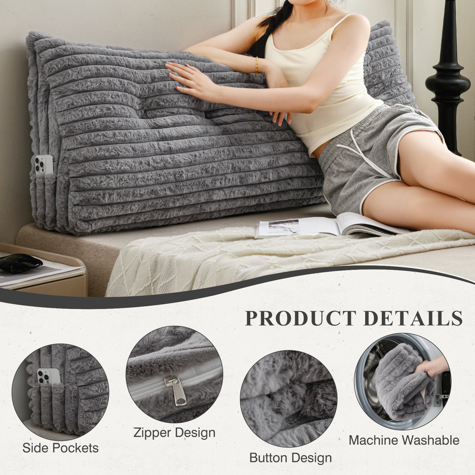 ANMINY Plush Headboard Pillow - 320 GSM Soft Fleece, High Elastic Pearl Cotton Filling, Versatile Sofa Backrest & Leg Pillow, Perfect Christmas/Housewarming Gift
