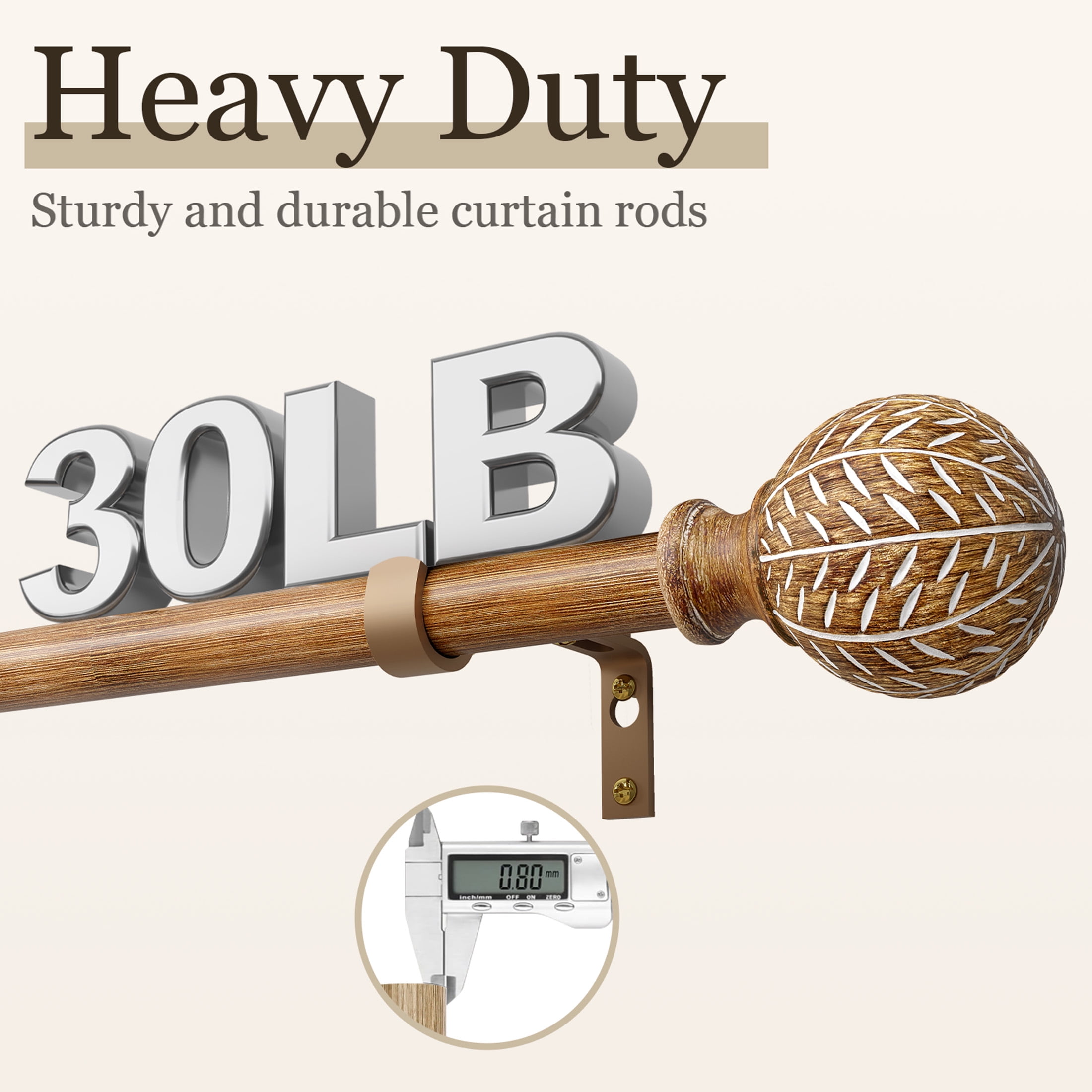 Yokila Farmhouse Brown Curtain Rods for Windows 18 to 60 Inches Adjustable Length Heavy Duty 1" Diameter Single Window Curtain Rod with Decorative Finials for Bedroom Living Room Kitchen Outdoor