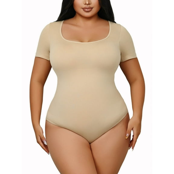 MANIFIQUE Women Bodysuits Short Sleeve Square Neck Stretch Lounge Travel Bodysuits Plus Size Shapewear