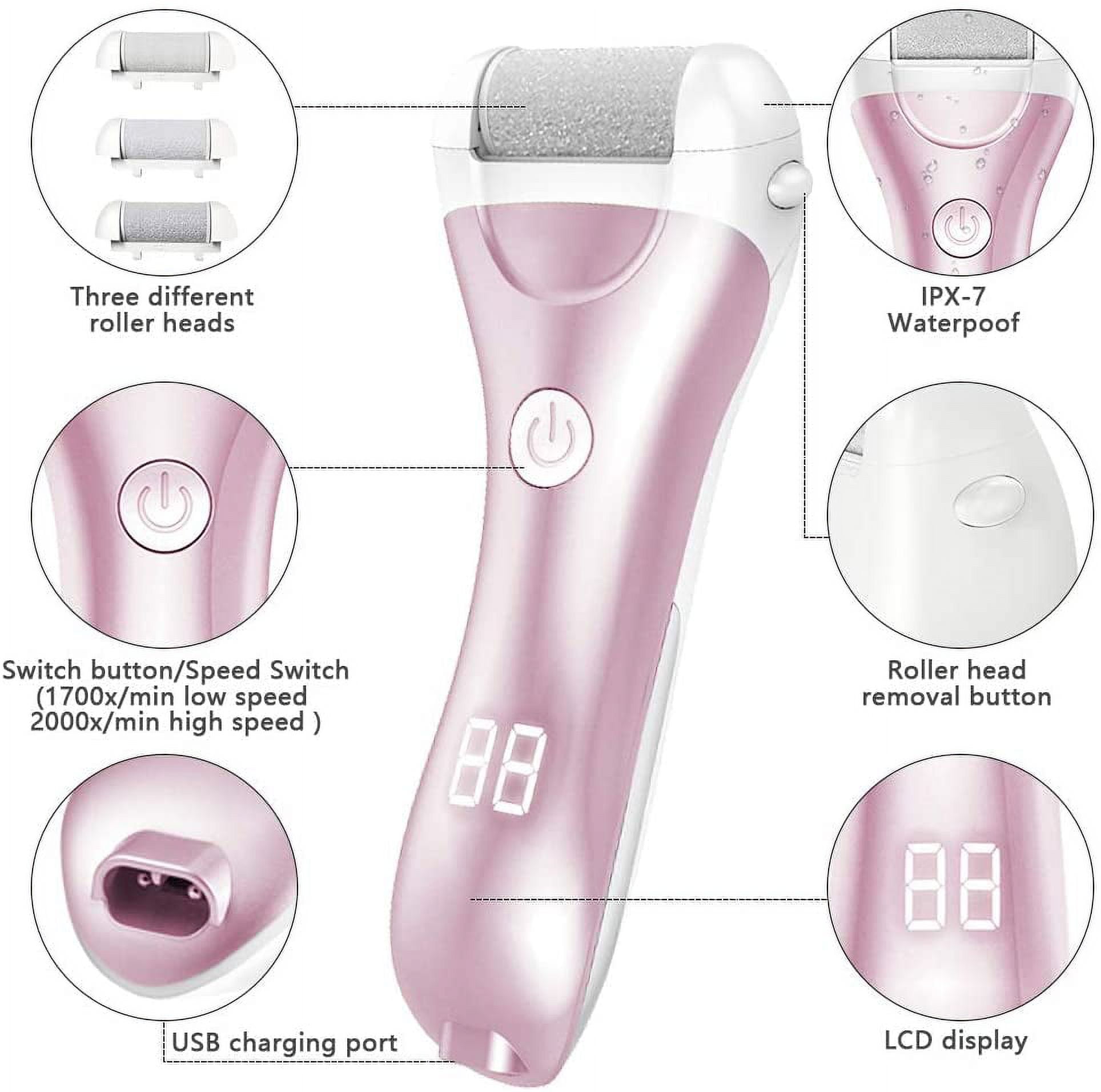 Electric Callus Remover - Rechargeable Foot File Callus Shaver Hard Skin  Remover Pedicure Tools with 3 Roller Heads, for Cracked Heels Calluses and  Dead Skin, 2 Speed, Battery Display (Pink) 