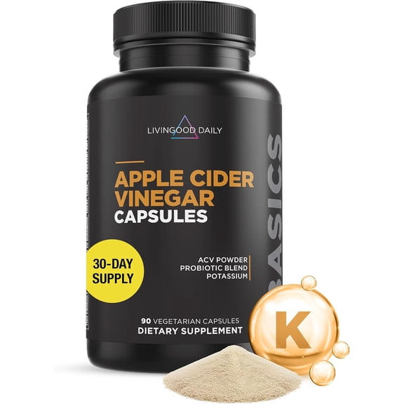 Livingood Daily Apple Cider Vinegar Capsules with The Mother (1500mg) - ACV Pills with Probiotics & Potassium for Women & Men - Supports Gut Health, Digestion, Appetite & Weight - Vegan, 90 Capsules