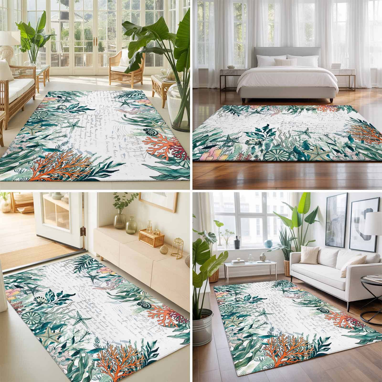 Area Rugs 3'x5', Coastal Green Seaweed Carpet Runner Indoor Outdoor Rugs Home Decor Aesthetic, Summer Beach Coral Starfish Retro Non Slip Mats Washable Accent Rug for Living Room Bedroom