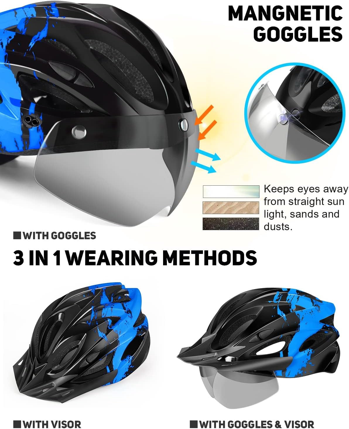 USB Rechargeable LED Light Cycling Helmet with Detachable Goggles and Sun Visor for Mountain & Road Biking