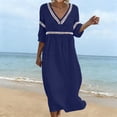 thumbnail image 2 of Lnmiateer Women Summer Boho Cotton‑Linen Dress V‑Neck 3/4‑Sleeve Pleated Lace Accent Lightweight Gauze Loose‑Fit Beach Vacation Daily Wear, 2 of 7