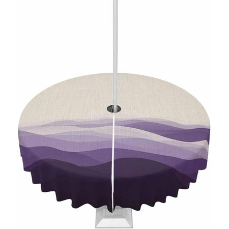 

Outdoor Tablecloth with Umbrella Hole and Zipper 60R Minimalist Abstract Purple Waves Linen Texture Table Cover for Round Tables Waterproof Tabletop Collection for Patio Garden Picnic Camping