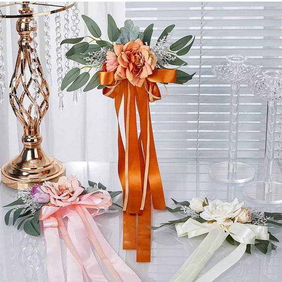 Decoración del respaldo de la silla de boda | Flor artificial con cinta | Regalo de Rosa de Seda y Hojas Verdes | Poliéster realista | 21,65"x11,22" | Decoración romántica de la ceremonia de la