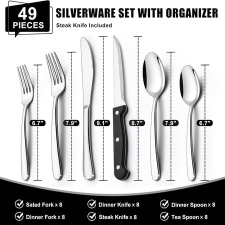49-Piece Silverware Set with Organizer, Heavy Duty Stainless Steel Flatware Set for 8, Cutlery Utensil Sets with Steak Knives, Rust-proof, Mirror Polished, Dishwasher Safe, Heavy Duty