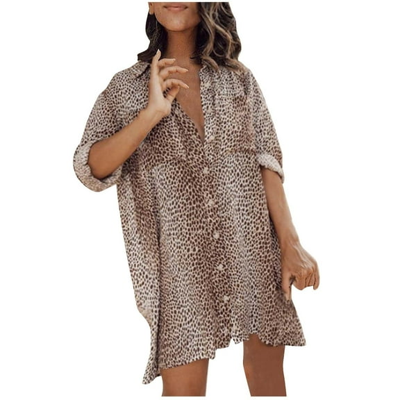 QUYUON Women Button-Down Dress Casual Loose Long Sleeve Lapel Blouse Shirts Mini Short Dress with Pockets Leopard Print Tunic Dresses Summer Beach Sundress, Khaki S