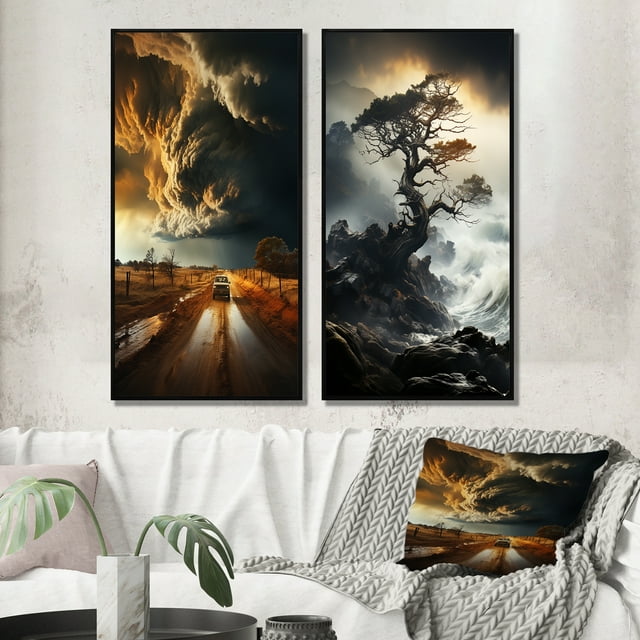Designart "Storm Raging SPIRAL I" Storms Framed Wall Art Set Of 2 - Grey Landscapes Gallery Wall Frame Set For Home Decor