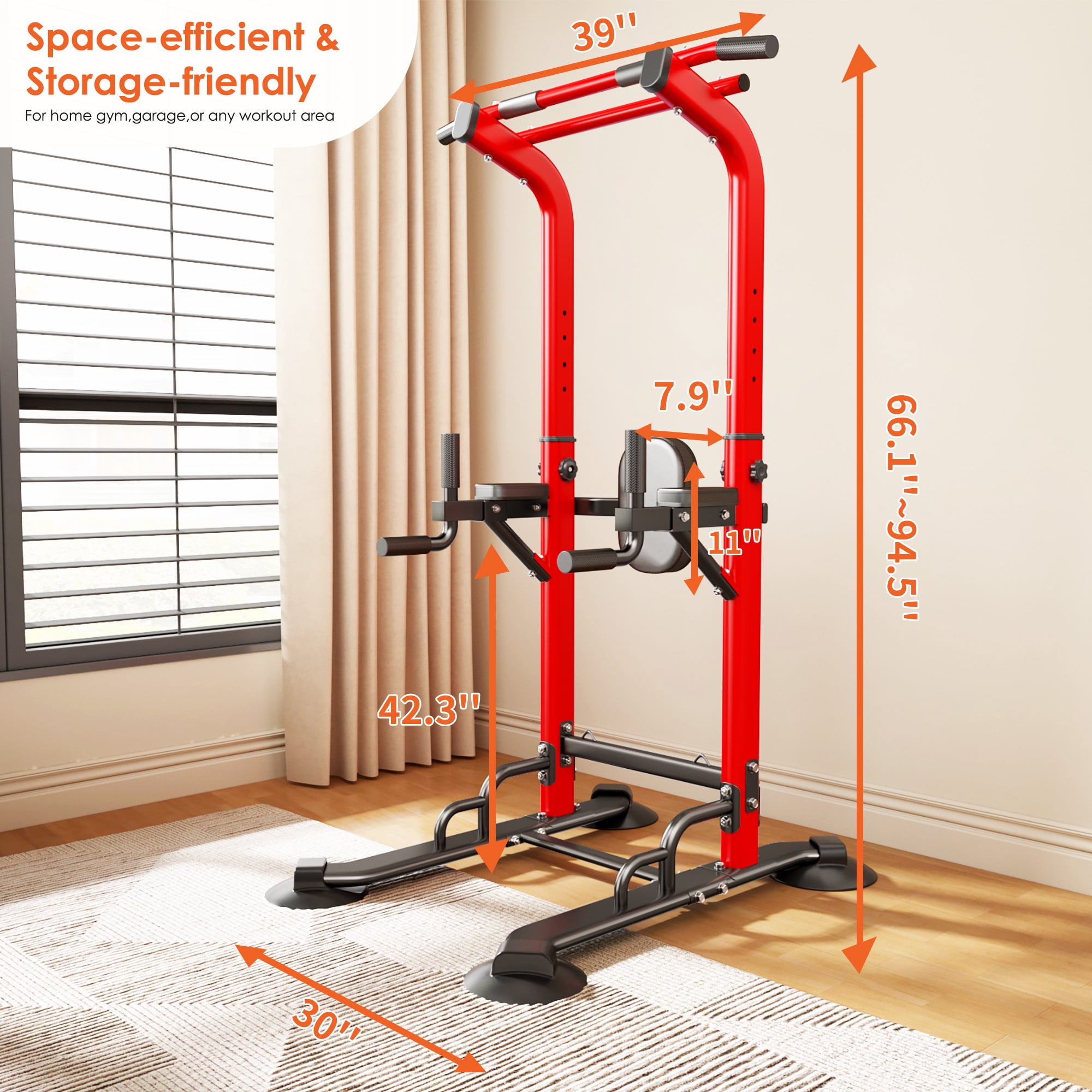 SogesPower 94.5"H Power Tower Pull Up Bar Station, 12 Adjustable Height Pull Up Bar Stand for Home Gym, Multi-Function Pull Up Dip Station Dip Bar Strength Training Fitness Equipment, 330LBS, Red