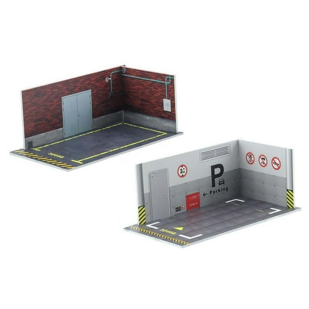 Diorama de fondo de garaje para autos de metal fundido a presión a escala 1/32, 2 piezas. Estilo A