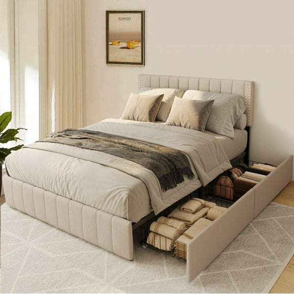 Zocalo Base de Cama Full Size | Cama con Almacenamiento, Respaldo Ajustable y 4 Cajones-Beige