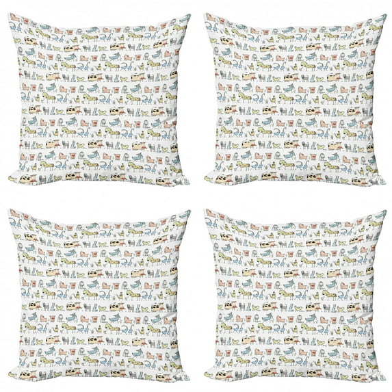 Ambesonne Retro Throw Pillow Cover 4 Pack, Cartoon Village Animals, 24", Yellow Beige