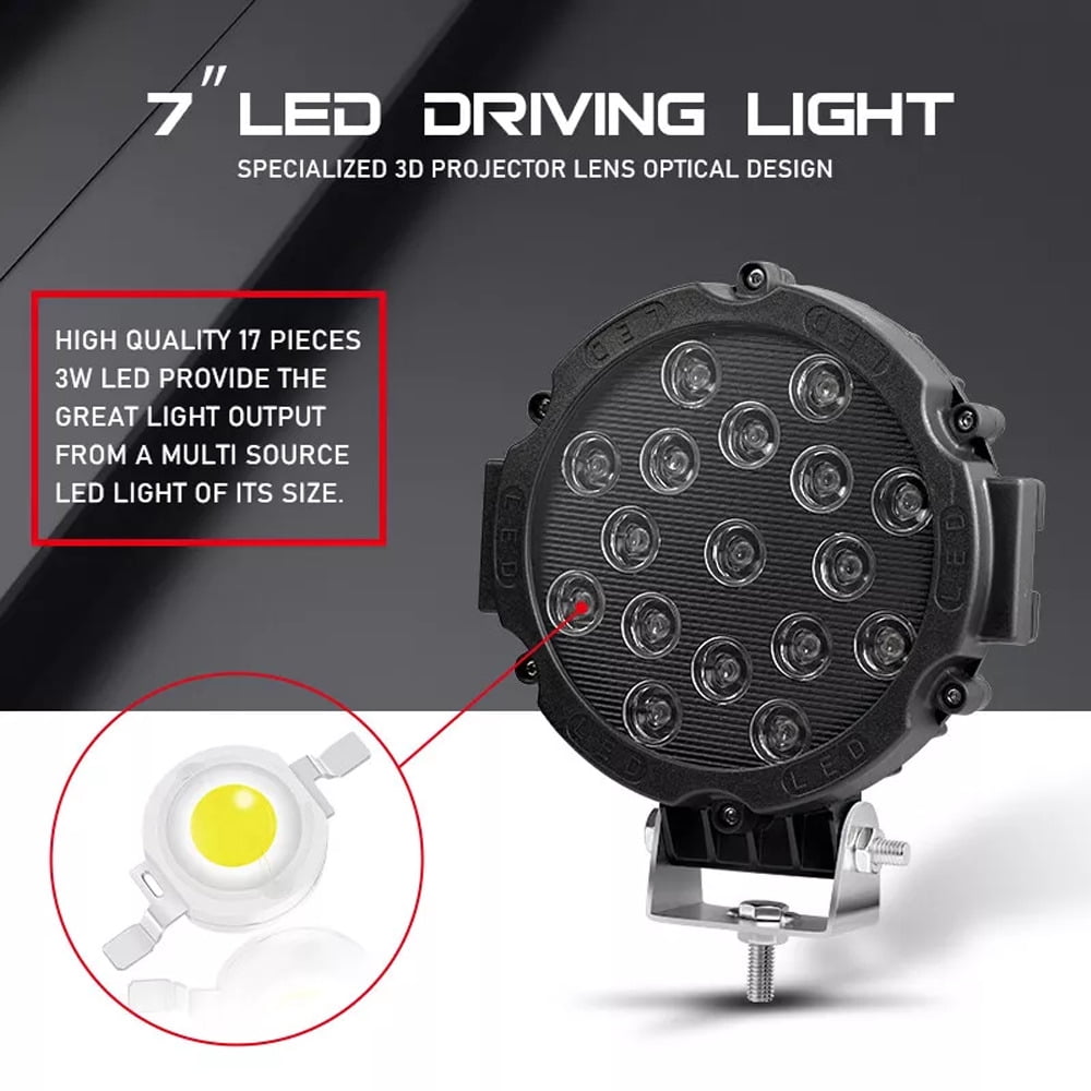 Led Light Bar 2PCS 7" 51W 5100LM Black Round Spot LED Light Pod Off Road Fog Driving Roof Bar Bumper for Jeep Truck ATV UTV SUV