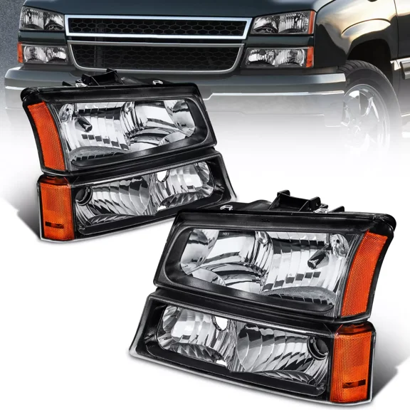MOSTPLUS Black Headlights for 2003-2006 Chevrolet Silverado 1500 2500HD W/ Bumper Light