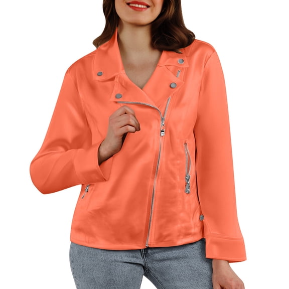 Wxolcjlv Women's Satin Moto Jacket Lapel Asymmetric Zip Long Sleeve Biker Jacket With Zipper Pockets