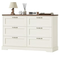 Homfa 6 Drawer Double Dresser for Bedroom, Farmhouse White Dresser Wood Storage Cabinet with Vintage Oak Wide Top for Living Room