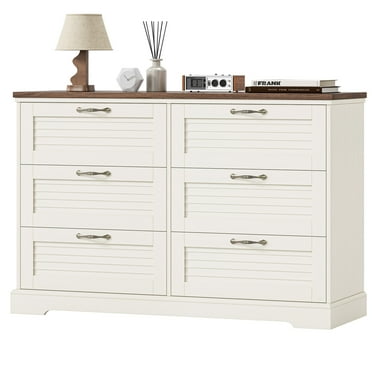 Homfa 6 Drawer Double Dresser for Bedroom, Farmhouse White Dresser Wood Storage Cabinet with Vintage Oak Wide Top for Living Room