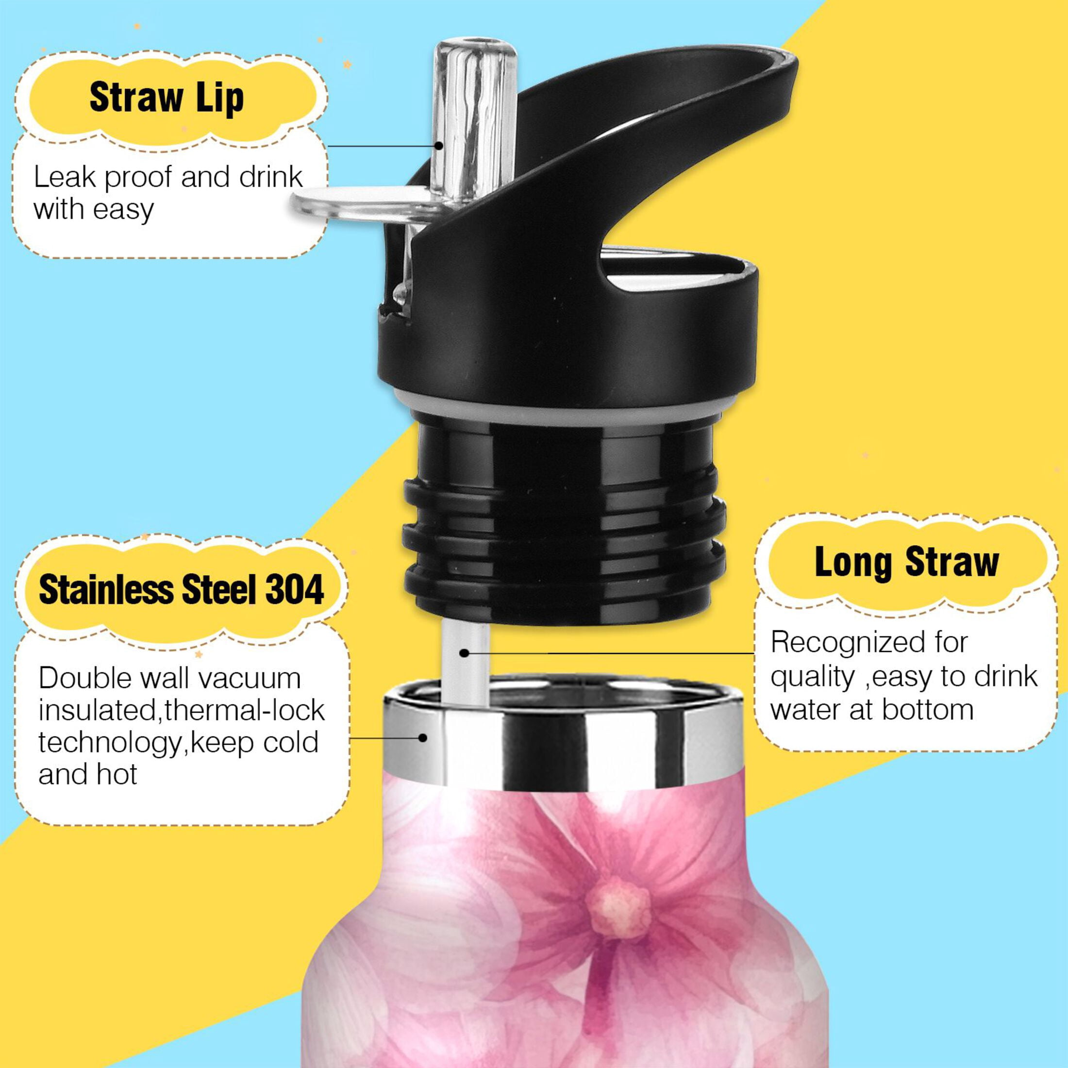 600ML Stainless Steel Insulated Cup Sports Water Bottle Portable Thermos Cup Water Glasses Insulated Tumblers Convenient and Durable Pink Flowers