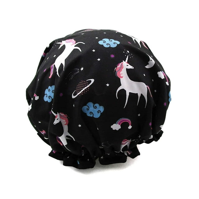 1 Pcs Bonnet de Douche Imperméable, Bonnet de Bain pour Cheveux Réutilisable Élastique Imprimé de Protection (Noir Unicorn)