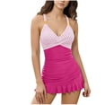 thumbnail image 1 of Ltctricy Women's Two Piece Swimsuits Striped V Neck Padded Ruched Ruffle Hem Color Block Swim Dress with Bottom Slimming Bathing Suits, 1 of 7