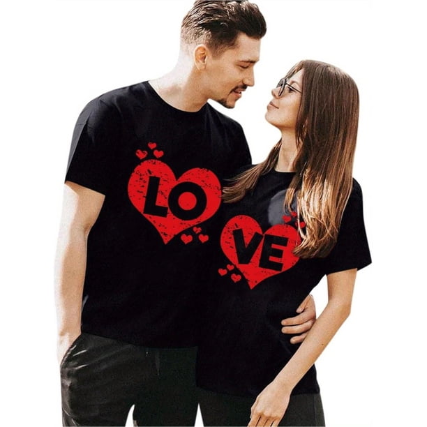 Valentine's Day Love Print Cotton T-Shirt for Couples - Matching Short Sleeve Round Neck Tops, Casual His & Hers Graphic Tee Set, Blouse, Outfits, 100% Cotton Tee For Adult, WOMEN, WoWOMEN, Teen, Tee