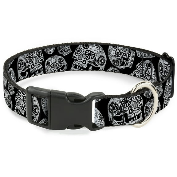 Thaneeya McArdle Pet Collar, Dog Collar Plastic Buckle, The Dust of Living II Sugar Skulls Black White, 8.5 to 12 Inches 0.5 Inch Wide