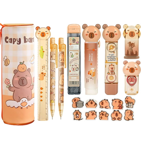 Cute Capybara Stationery Set, Kawaii Japanese Stationery Birthday GIFS, Includes Pencil Sharpener,Eraser, Correction Tape, Ruler, Capybara Stickers, for Office Supplies