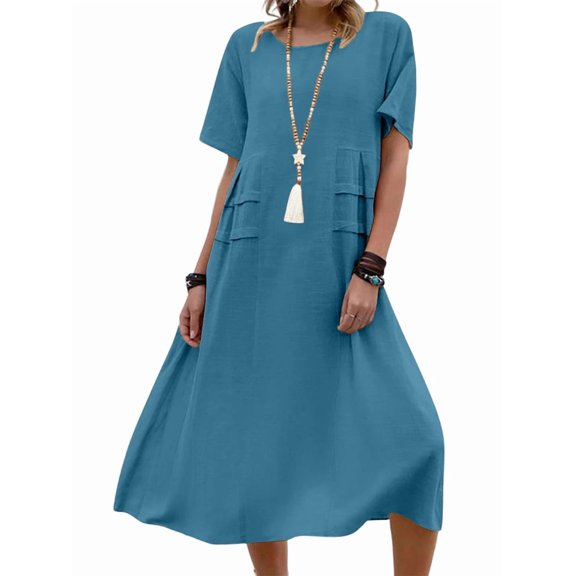 Womens Loose Fit Casual Linen Blend Solid Color Round Neck Short Sleeve Midi Dress Beach Blue XXL