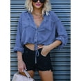 thumbnail image 2 of Women'S Cropped Denim Shirt Roll Up 3/4 Sleeve Casual Loose Drawstring Hem Button Front Jean Jacket Dark Blue M, 2 of 4